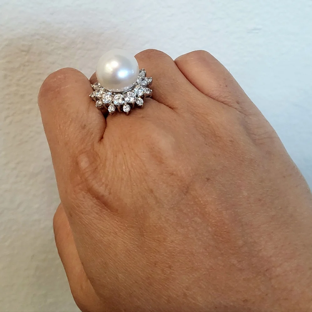 13mm white south sea pearl 14k yellow & white gold ring Sz6 Signity CZ halo - Picture 6 of 10